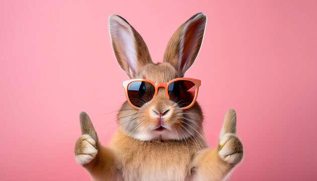 easter bunny rabbit background. giving thumbs up smiling Easter bunny rabbit with sunglasses - Powered by Adobe