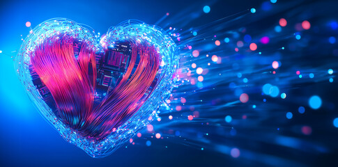 Heart optical fiber cable banner on a blue background with copy space for text. illustration of love symbol for web layout design Valentines Day celebration 