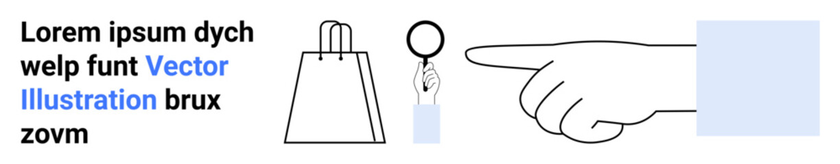 Hand pointing towards a key, shopping bag, and block of text with placeholder words. Ideal for marketing, e-commerce, advertisements, infographics, presentations instructional guides. Landing page