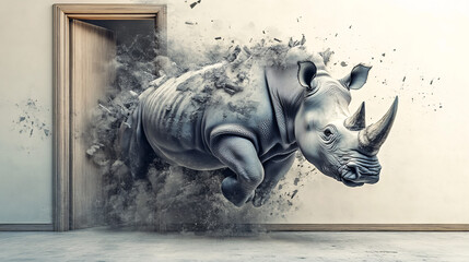 Abstract rhino charging through office doors, representing determination and resilience in overcoming business challenges. 