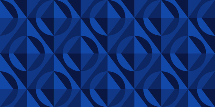 Abstract geometric pattern with interlocking circles and diamonds in shades of blue. Seamless, modern design for wallpapers, textiles, packaging, web backgrounds, or digital art projects.