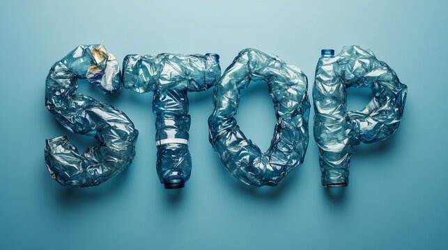 Crumpled Plastic Bottles Forming the Word STOP to Raise Awareness on Environmental Pollution and Plastic Waste Management - Powered by Adobe