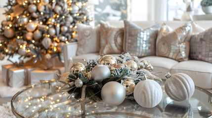 A beautifully decorated Christmas tree in a cozy living room, surrounded by children opening gifts with excitement