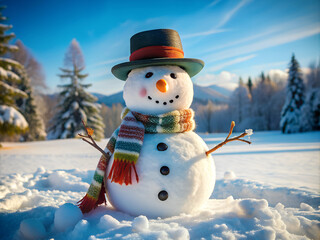 Obraz premium A snowman with a red hat and a scarf