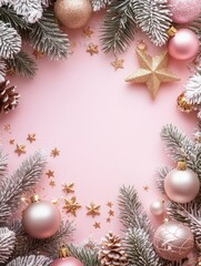 Merry Christmas background concept, winter holidays and happy new year card white gold wooden decorations frame border on pink pastel powdery table, flat lay, copy space, top close up view above