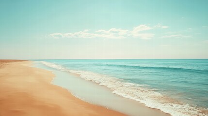 Obraz premium Minimalist watercolor background, summer beach, soft colors, simple composition, sandy beach, ocean horizon, clean design