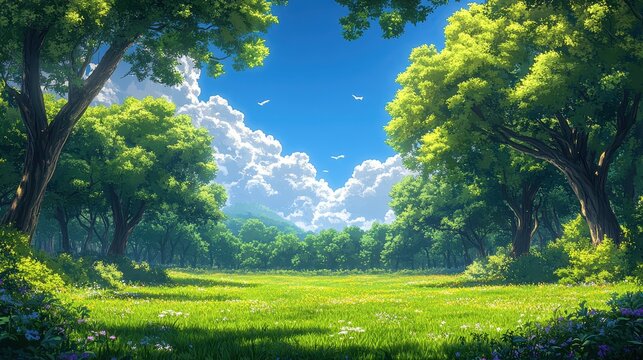 Lush Meadow Landscape with Sunlit Green Trees and Fluffy Clouds, Digital Art.