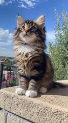 A fluffy kitten sitting on a stone surface, gazing upwards.