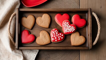 A wooden tray filled with heart-shaped cookies, some plain and others decorated with red icing and sprinkles, perfect for Valentine&rsquo;s Day.
