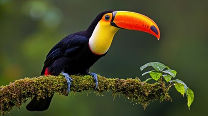 Fototapeta premium Colorful toucan perched on mossy branch in rainforest.