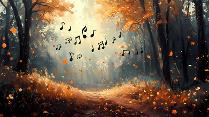 A tranquil autumn forest with music notes swirling among falling leaves, evoking the timeless cycle of nature and melody. Timeless. Illustration