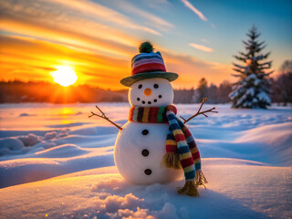 Fototapeta premium A snowman with a hat and a scarf in sunset