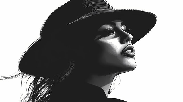 Ai generated illustration of a monochrome image of a woman in a hat gazing to the right. Timeless. Illustration
