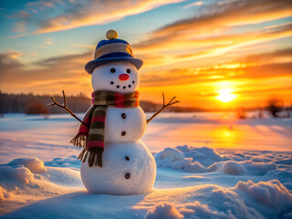 Obraz premium A snowman with a hat and a scarf in sunset