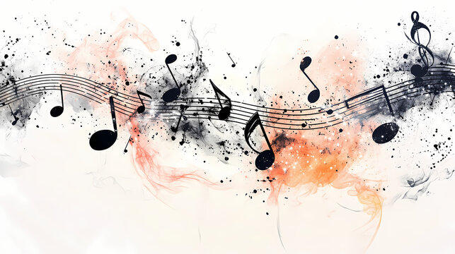 An abstract image featuring black music notes and sparkles on a white background, signifying the timeless and universal appeal of music. Timeless. Illustration