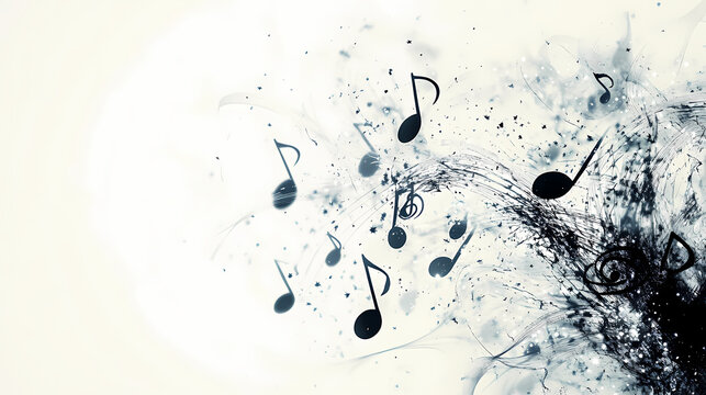 An abstract image featuring black music notes and sparkles on a white background, signifying the timeless and universal appeal of music. Timeless. Illustration