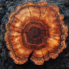 Burnt Tree Stump with Visible Growth Rings and Cracks, Close Up.