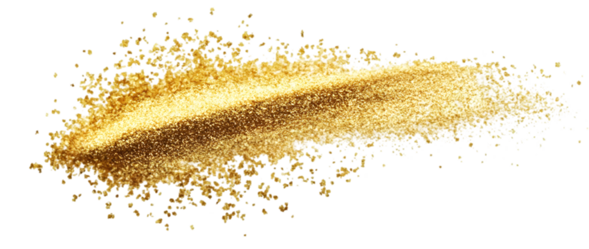 Golden glitter sparkle dust effect, luxurious highlight, isolated on plain white background, Transparent PNG