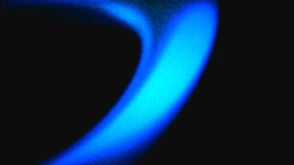Abstract curved shape with analog damage effect. 3D render. Glow cyan lilac bright blue gradient shape as frame on black background, copy space. Noise texture. Retro futuristic design wallpaper poster