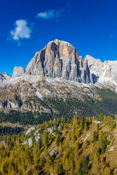 Tofana di Roses mountain summit in the Dolomites. Alpine rocky peaks beautiful landscape near Cortina di Amprezzo. Dolomiti Alps prominent peak Tofana di Mezzo