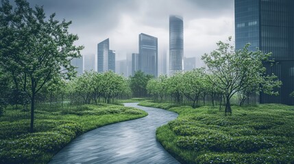 Lush urban oasis with a winding river in a rainy cityscape.