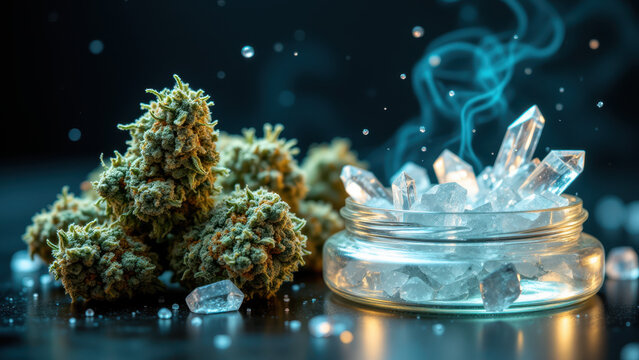 Bundle of raw cannabis with crystals, possibly kief or trichomes, set against a smoky blue backdrop.