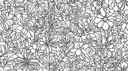 Intricate floral pattern featuring various flowers and leaves in black and white. Perfect for coloring or design projects