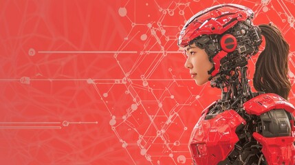 Fototapeta premium A futuristic humanoid robot with a human-like face in a red color scheme.