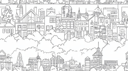 Obraz premium detailed cityscape illustration featuring various buildings and trees, showcasing unique line art style