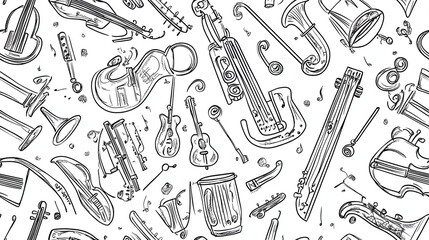 Musical instruments in detailed sketch pattern, showcasing various types