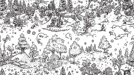 Naklejka premium whimsical black and white fantasy landscape filled with trees, animals, and magical elements