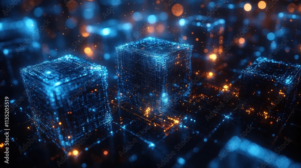Poster abstract futuristic data network with glowing cubes and bokeh lights.