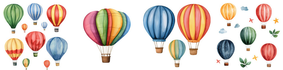 Obraz premium Colorful hot air balloons in whimsical festival setting, surrounded by clouds and leaves, isolated on transparent background.