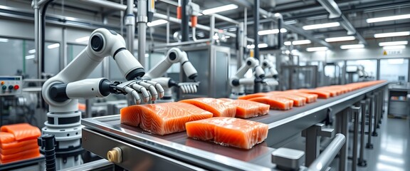 Fototapeta premium Automated processing of salmon in a modern factory setting.