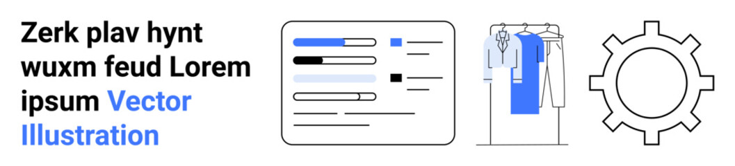 Interface with text blocks, sliders, clothing rack with hanging garments, and a gear icon. Ideal for web design, fashion, technology, UIUX workflow e-commerce and automation. Landing page