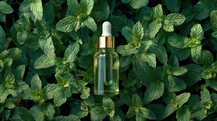 Peppermint essential oil in a bottle. Selective focus. .