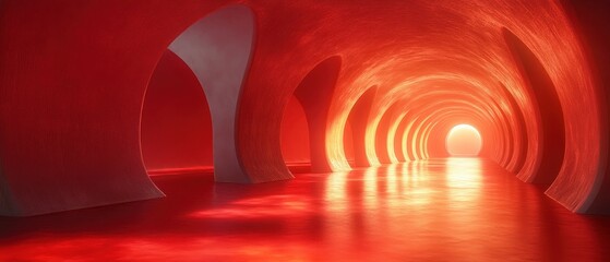 Abstract Red Tunnel Architecture  3D Render of a Modern, Glowing Corridor with Reflective Floor and Light at the End