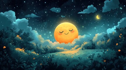 Happy Sleeping Moon Illustration Magical Night Sky, Stars, Crescent Moon, and Dreamy Forest Landscape