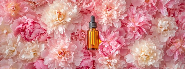 Peony essential oil in a bottle. Selective focus.