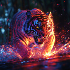 Vibrant and Dynamic Depiction of a Tiger in Motion, Capturing the Majesty and Power of Wildlife in a Beautifully Illuminated Forest Setting