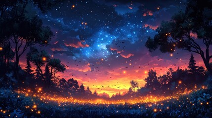 Fototapeta premium Enchanted Twilight Forest A Magical Landscape with Glowing Fireflies and Starry Night Sky.