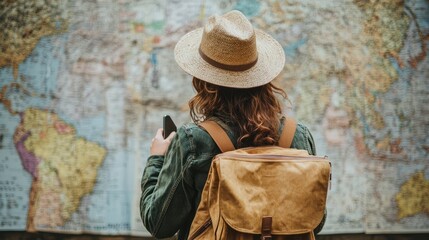 Planning a Journey: Adventurous Woman with Backpack Studying a World Map