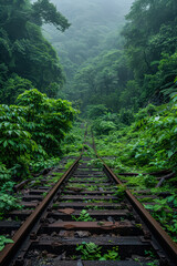 Fototapeta premium Train track is shown in a lush green forest.