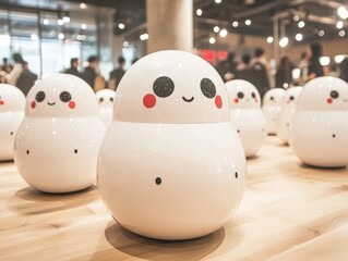 Obraz premium A group of cute, round robots with smiling faces in a modern setting.