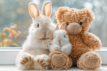 Fototapeta premium Teddy bear and bunny toy embrace on window sill, symbolizing love and friendship together