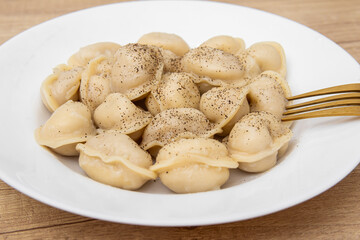 Boiled dumplings with spices in a plate. Dumplings with ground pepper
