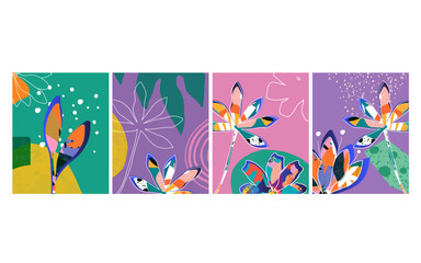 Vector Nature Inspired Cards with Floral and Leaf Motifs in Modern Design Style