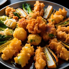 crispy tempura dish, featuring a variety of vegetables or seafood delicately coated and fried to perfection