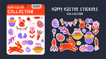 Cartoon set of Easter stickers in 90s retro style. Spring elements, rabbits, eggs, Christian holiday, Easter baskets. Vector groovy illustration on an isolated background and a set of stickers