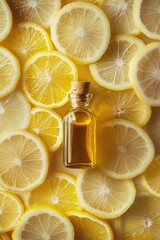 citrus essential oil in a bottle. Selective focus.
